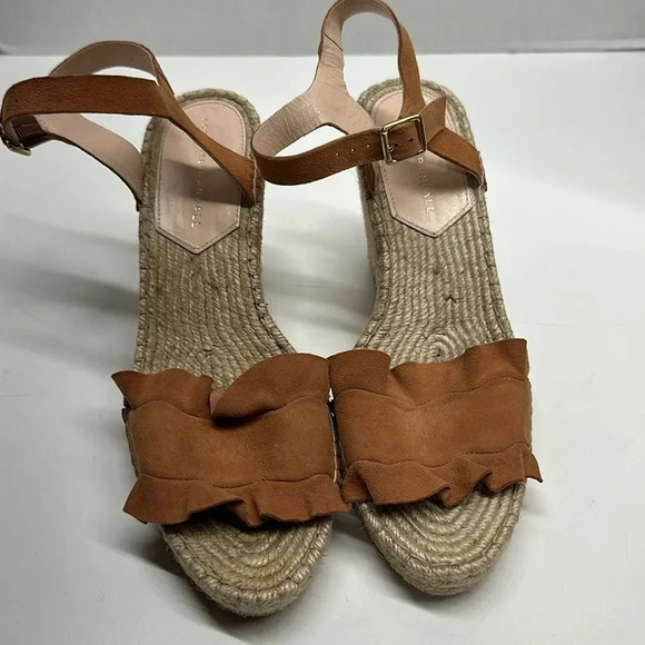 Loeffler Randall Gabby Ruffled Suede Espadrille Wedges Heels Brown Tan Size 9 B - Picture 3 of 8